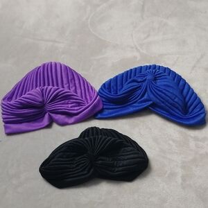 Set of Three Pleated Turbans in Purple, Blue, and Black